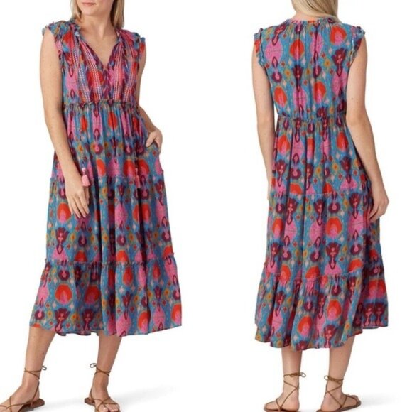 Figue Clara Midi Dress in Colorful Ikat Print Size XS BOHEMIAN Hippie Boho - Picture 1 of 10